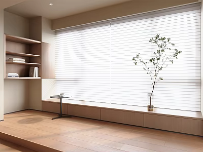 White Blinds In Modern Room With Wooden Flooring Window Bench And Green Plant 3d model