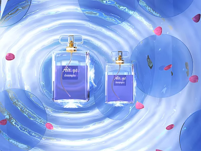 Elegant Two Perfume Bottles With Blue Water Ripples Pink Petals And Feather 3d model