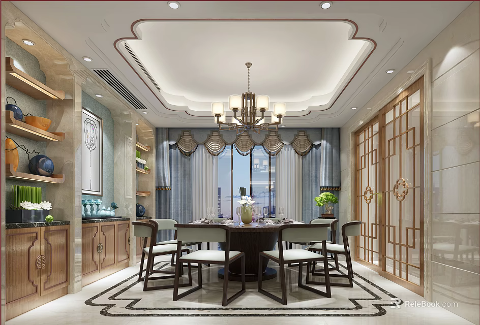 Elegant Traditional Dining Room Interior Design With Chandelier Dining Table Chairs And Curtains 3d model 