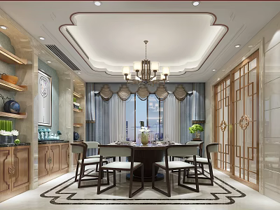 Elegant Traditional Dining Room Interior Design With Chandelier Dining Table Chairs And Curtains 3d model