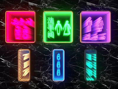 Neon Colored Traffic Signs With Various Icons On Black Marble Background 3d model