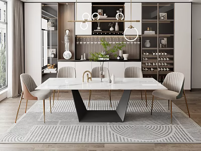 Modern Dining Table With Marble Countertop Black Metal Base Dining Chairs Gray Rug Pendant Lights 3d model