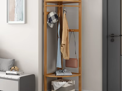 Wooden Standing Coat Rack With Hat Jacket Bag And Storage Shelves In Entryway 3d model