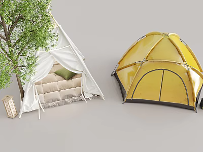 Cozy White and Outdoor Yellow Tents Setup with Comfortable Mattress Pillow Tree and Lantern 3d model
