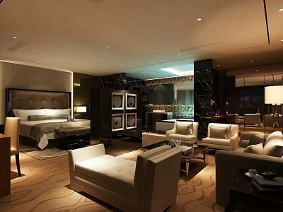 Luxurious Hotel Room Interior With King Bed Sofa Set Decorative Paintings And Ambient Lighting 3d model