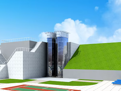 Modern Glass Elevators Against Green Lawn Blue Sky And White Clouds 3d model