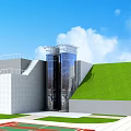 Modern Glass Elevators Against Green Lawn Blue Sky And White Clouds 3d model