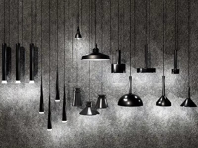 Black Pendant Lights With Various Designs Hanging From Gray Ceiling In Different Shapes And Sizes 3d model
