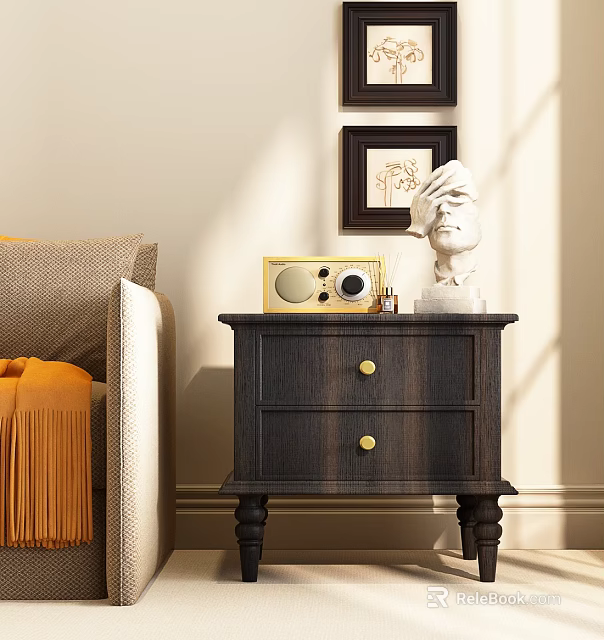 Elegant Dark Wooden Side Table With Drawers And Radio Statue Near Sofa Pillow Blanket 3d model 