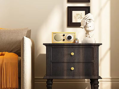 Elegant Dark Wooden Side Table With Drawers And Radio Statue Near Sofa Pillow Blanket 3d model