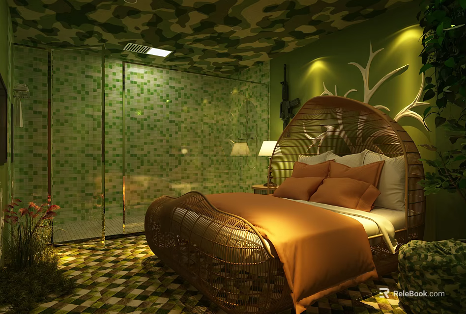 Natural Themed Hotel Guest Room With Wicker Bed Green Walls And Mosaic Shower 3d model 