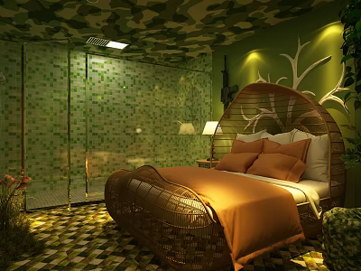 Natural Themed Hotel Guest Room With Wicker Bed Green Walls And Mosaic Shower 3d model