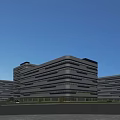 Modern Multi Story Office Building With Glass Facade Surrounded by Trees and Pedestrians