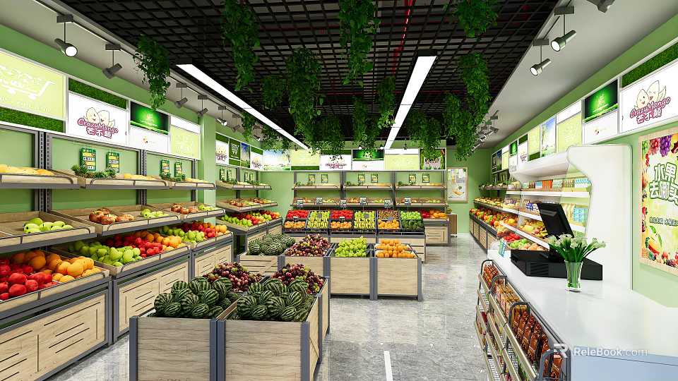 Fruit Store Interior With Wooden Shelves Various Fresh Fruits Green Plant Decorations And Bright Lighting 3d model 