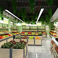 Fruit Store Interior With Wooden Shelves Various Fresh Fruits Green Plant Decorations And Bright Lighting
