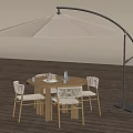 White Outdoor Cantilever Umbrella with Round Wooden Table and Chairs on Wooden Deck