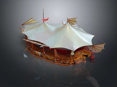 Intricate Decorative Model Ship Featuring Wooden Structure Sails And Red Flag 3d model