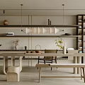 Minimalist Tea Room Interior With Wooden Table Bench Ceramic Wares And Pendant Light
