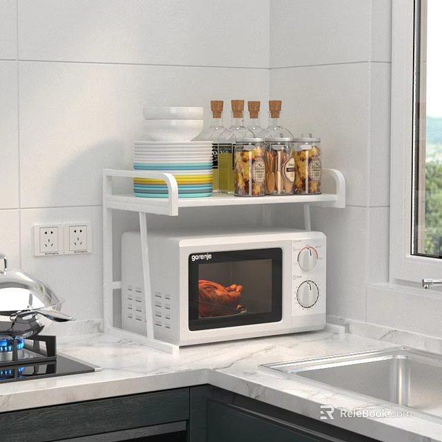 White Kitchen Shelf Above Microwave Holding Stacked Plates And Glass Jars 3d model 