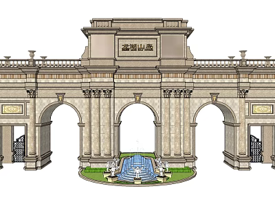 Classical European Style Grand Gate with Columns Arches and Central Fountain 3d model