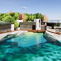 Modern Detached Villa With Glass Walls Waterfront Wooden Deck And Lush Greenery