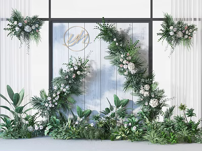 Floral Setup With Lush Green Plants White Flowers Blue Wooden Background And Golden YH Logo 3d model