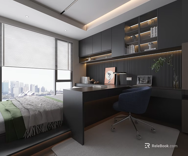 Modern Tatami Bedroom Interior Design With Desk Chair City View Window And Storage Shelf 3d model 