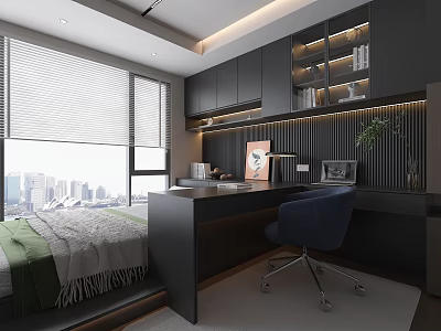 Modern Tatami Bedroom Interior Design With Desk Chair City View Window And Storage Shelf 3d model