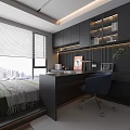 Modern Tatami Bedroom Interior Design With Desk Chair City View Window And Storage Shelf