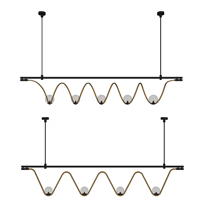 Modern Hanging Chandeliers with Black Horizontal Bar and Wavy Golden Bulb Lines 3d model