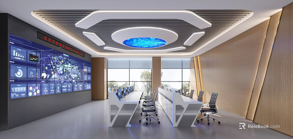 Modern Monitoring Room Interior With Large Screens Blue Ceiling Light Long Desk And Comfortable Chairs 3d model 