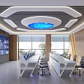 Modern Monitoring Room Interior With Large Screens Blue Ceiling Light Long Desk And Comfortable Chairs