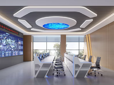 Modern Monitoring Room Interior With Large Screens Blue Ceiling Light Long Desk And Comfortable Chairs 3d model