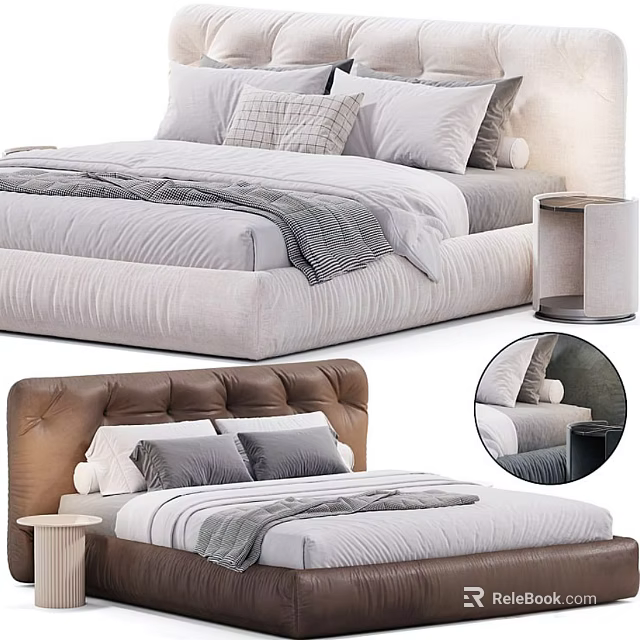 Modern Double Bed With Upholstered Headboard Plush Pillows Cozy Bedding And Bedside Table 3d model 