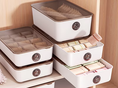 White Stackable Storage Boxes With Transparent Lids For Organizing Small Items In Closet 3d model