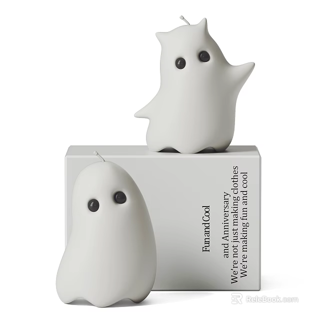 White Ghost Shaped Dolls With Black Eyes On Simple Box Minimalist Design 3d model 
