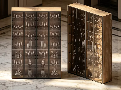 Modern Wooden Wine Cabinet With Glass Doors And Wine Glasses Storage 3d model