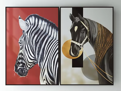 Animal Paintings Featuring Zebra on Red Background and Horse With Golden Reins and Geometric Shapes 3d model