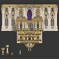 Cartoon Scene Building Blocks Model With Ornate Gold White Decor Purple Arch And Cylinder Components