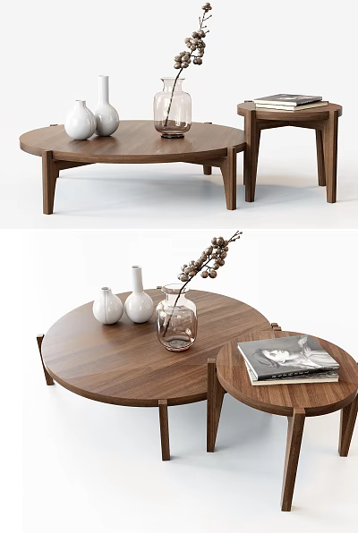 Modern Round Walnut Wood Coffee Table With White Vases Dried Branches And Books 3d model