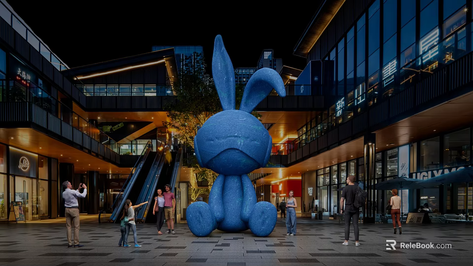 Giant Blue Rabbit Inflatable Installation In Urban Commercial Plaza With People 3d model 