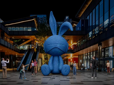 Giant Blue Rabbit Inflatable Installation In Urban Commercial Plaza With People 3d model