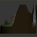 Mountain Scene Model With Wooden Cabin Pine Trees Waterfall And Rocky Hills