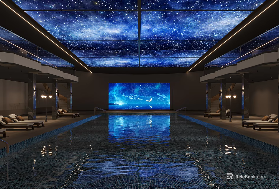 Indoor Swimming Pool With Starry Sky Ceiling And Large Screen 3d model 