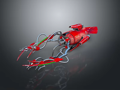 Red Mechanical Game And Movie Character With Tentacle Appendages And Sci Fi Design 3d model