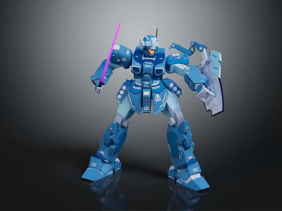 Detailed Blue Robot Model Mech Warrior With Purple Sword And Shield 3d model