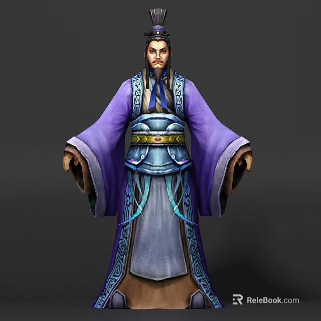 Game Movie Character With Purple Robe Blue Accents Metallic Belt Traditional Chinese Flowing Sleeves 3d model 