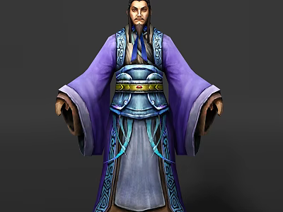 Game Movie Character With Purple Robe Blue Accents Metallic Belt Traditional Chinese Flowing Sleeves 3d model