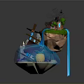 Whimsical Miniature Landscape With Cliff Waterfall Blue Water Windmill And Small Trees