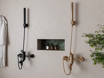 Stylish Black and Gold Wall Mounted Shower Systems with Niche Toiletries Green Plant and Robe 3d model